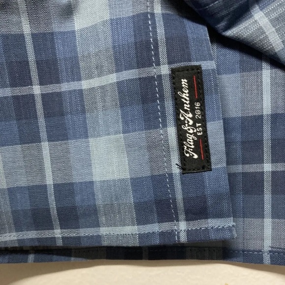 Flag & Anthem Mens Button Up Shirt Plaid Medium Adult Light Blue Navy Stretch - Picture 8 of 13